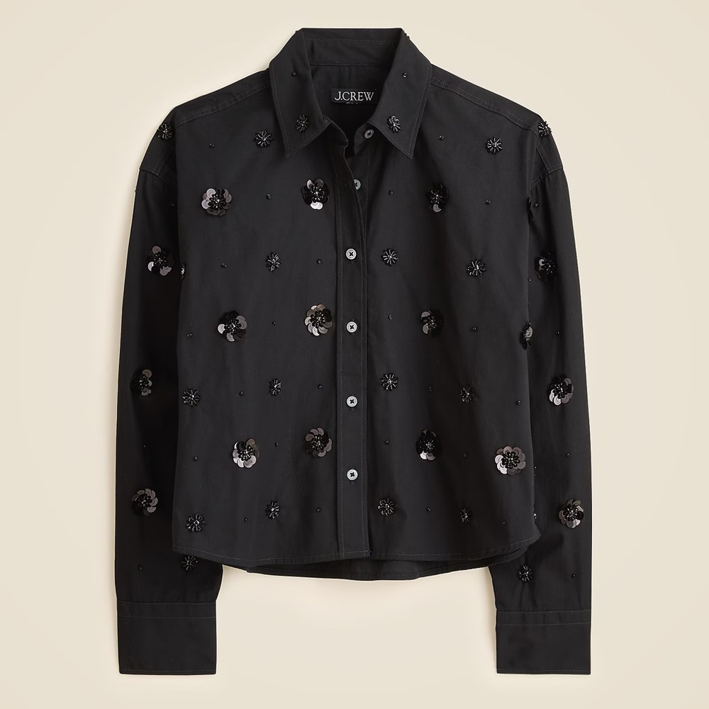NWT•JCrew Étienne cropped button-up shirt in embellished cotton poplin, M